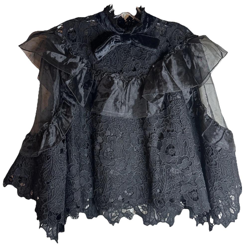 N By Nancy Black Lace Sheer Sleeve Velvet Bow Bell Sleeve Whimsy‎ Fairy Goth XL
